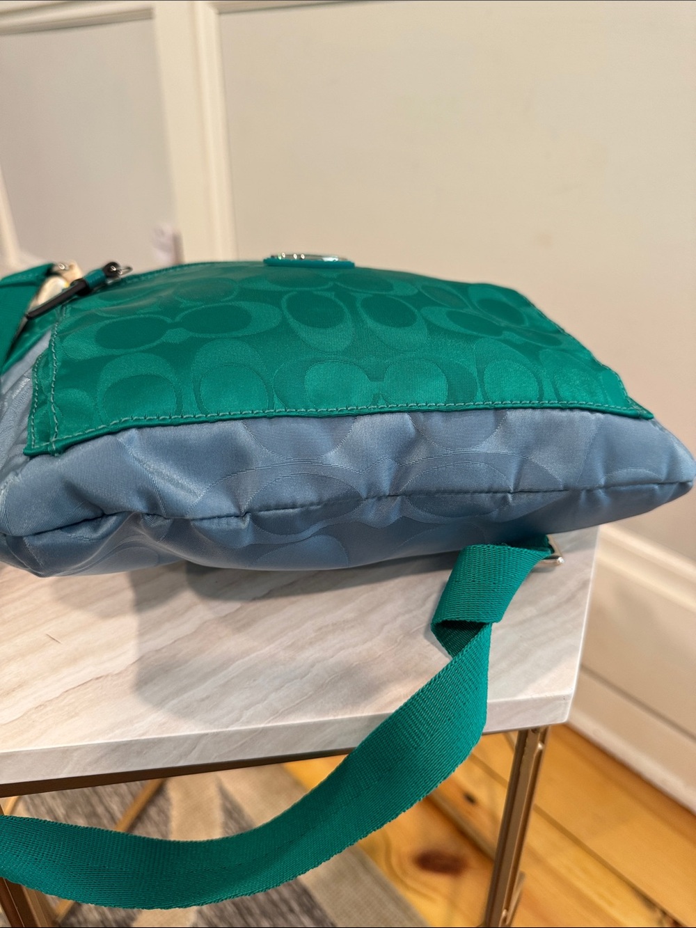 Coach Bag Getaway Green Blue Colorblock  Signature Logo Jacquard Crossbody Bag - Picture 9 of 17